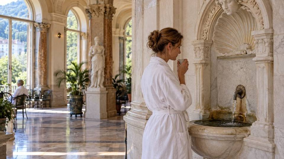 Fontaine dans un hall thermal historique — illustration