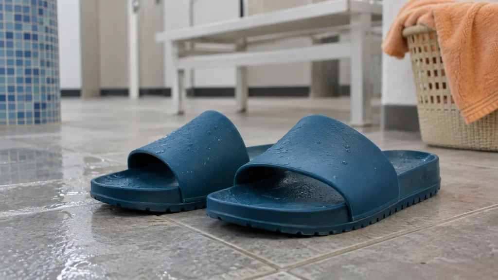 Sandales de piscine dans un vestiaire