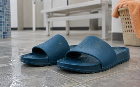 Sandales de piscine dans un vestiaire