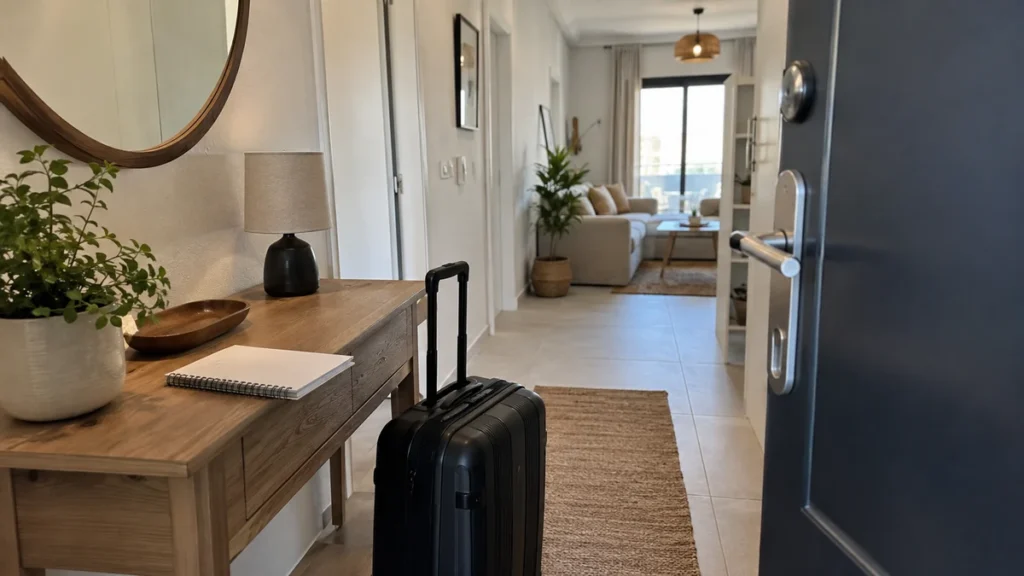 Entrée d’un appartement avec une valise