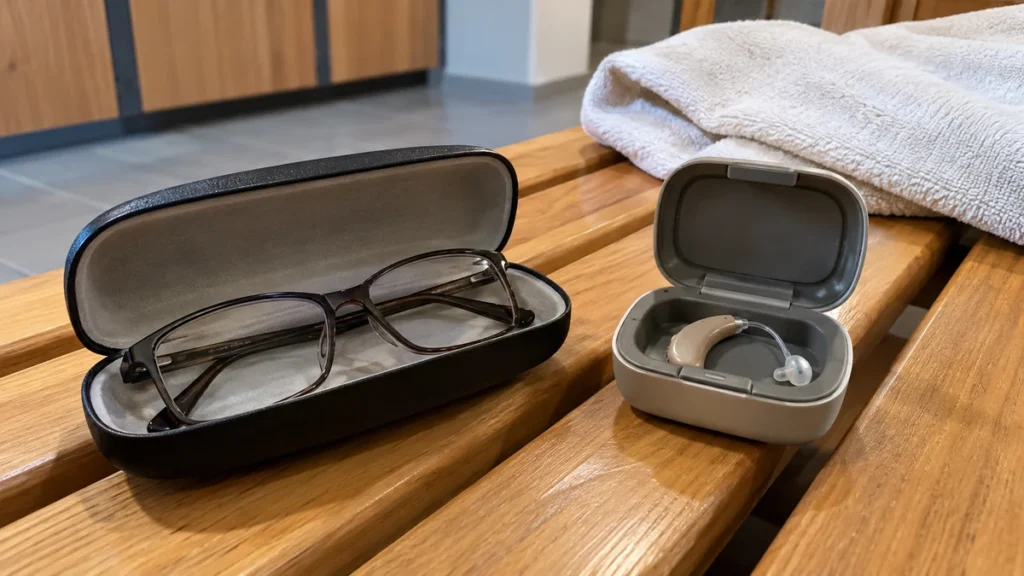 Lunettes et appareil auditif au vestiaire
