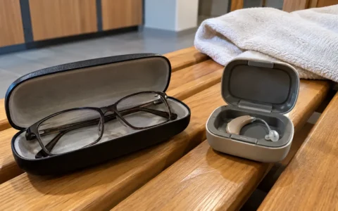 Lunettes et appareil auditif au vestiaire